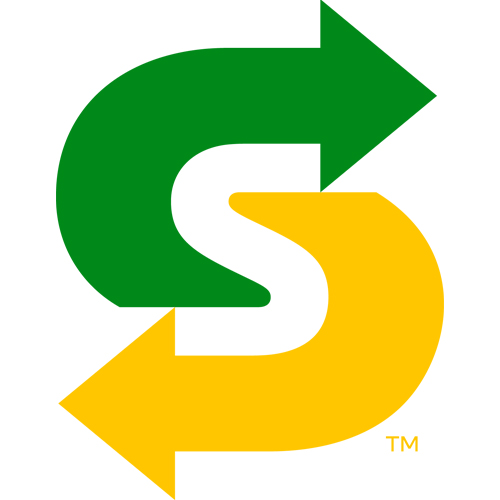 Subway in bold letters. Sub is in yellow and the S has an arrow pointing to the left site of the letter and way is in green with an arrow on the y pointing to the right of the letter