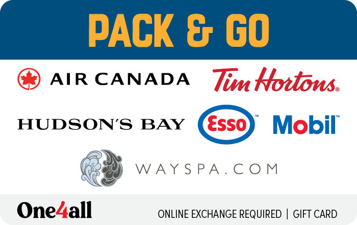An image of the One4all Pack & Go virtual gift card showcasing the logos for Air Canada, Tim Hortons, Esso & Mobil, and WaySpa.