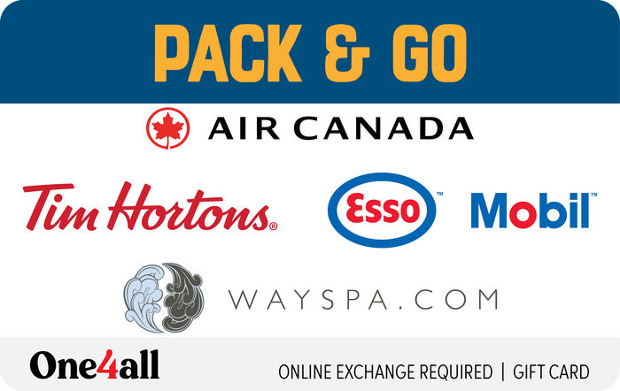 An image of the One4all Pack & Go virtual gift card showcasing the logos for Air Canada, Tim Hortons, Esso & Mobil, and WaySpa.
